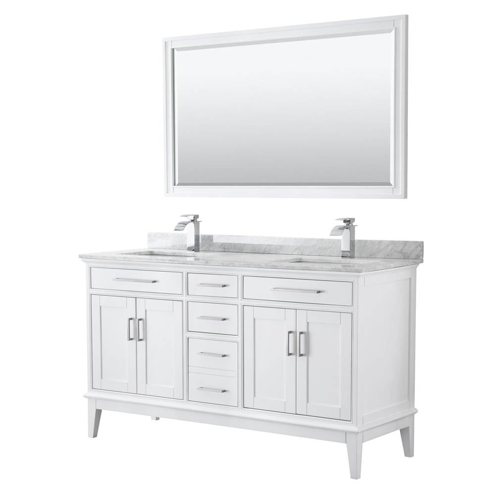 Wyndham Collection - Margate 60 Inch Double Bathroom Vanity in White, White Carrara Marble Countertop, Undermount Square Sinks, and 56 Inch Mirror - White