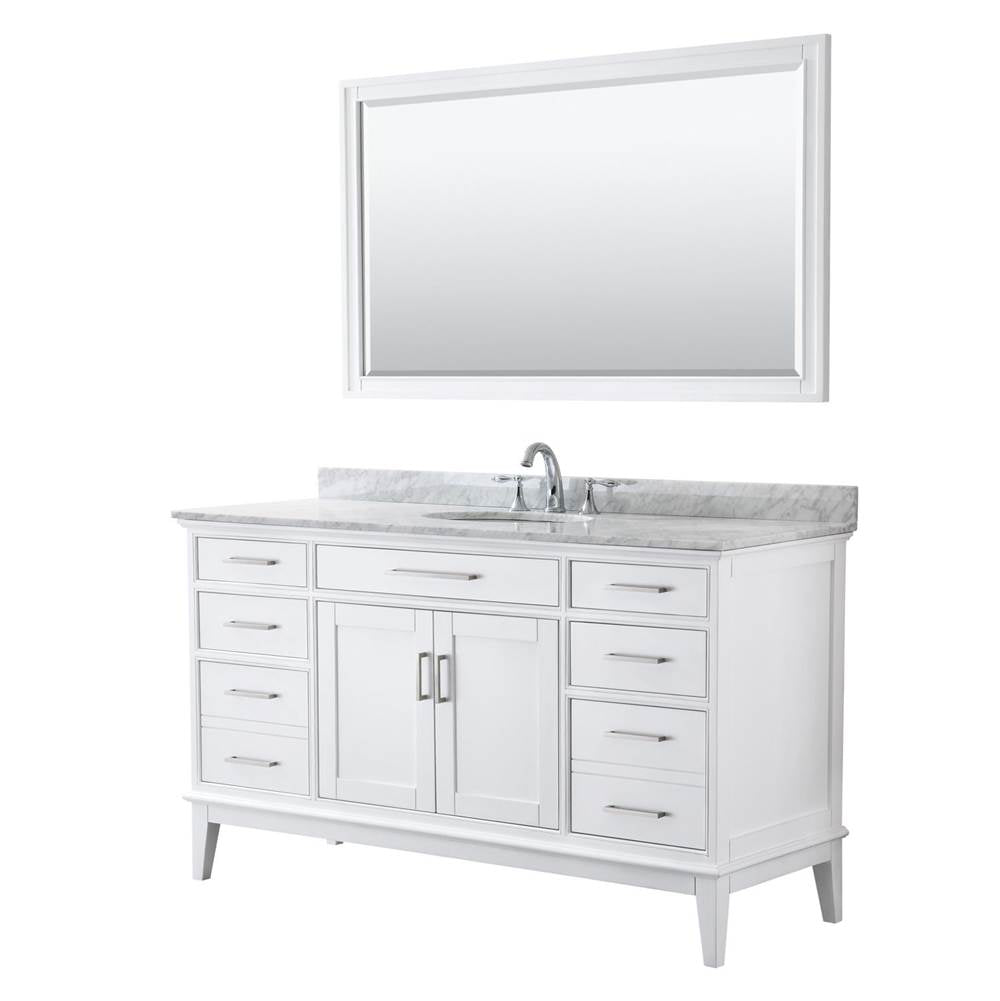 Wyndham Collection - Margate 60 Inch Single Bathroom Vanity in White, White Carrara Marble Countertop, Undermount Oval Sink, and 56 Inch Mirror - White