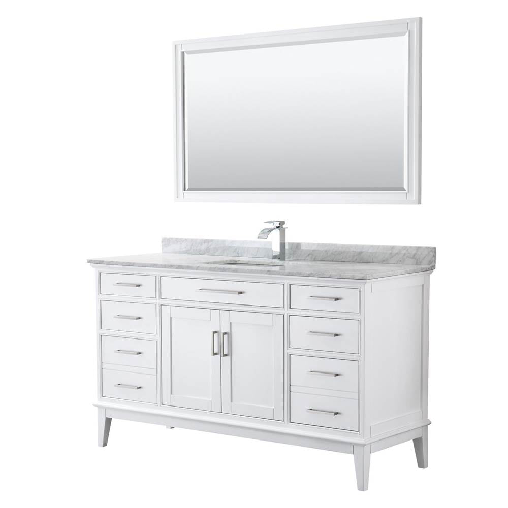Wyndham Collection - Margate 60 Inch Single Bathroom Vanity in White, White Carrara Marble Countertop, Undermount Square Sink, and 56 Inch Mirror - White