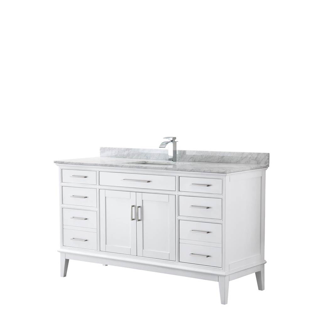 Wyndham Collection - Margate 60 Inch Single Bathroom Vanity in White, White Carrara Marble Countertop, Undermount Square Sink, and No Mirror - White