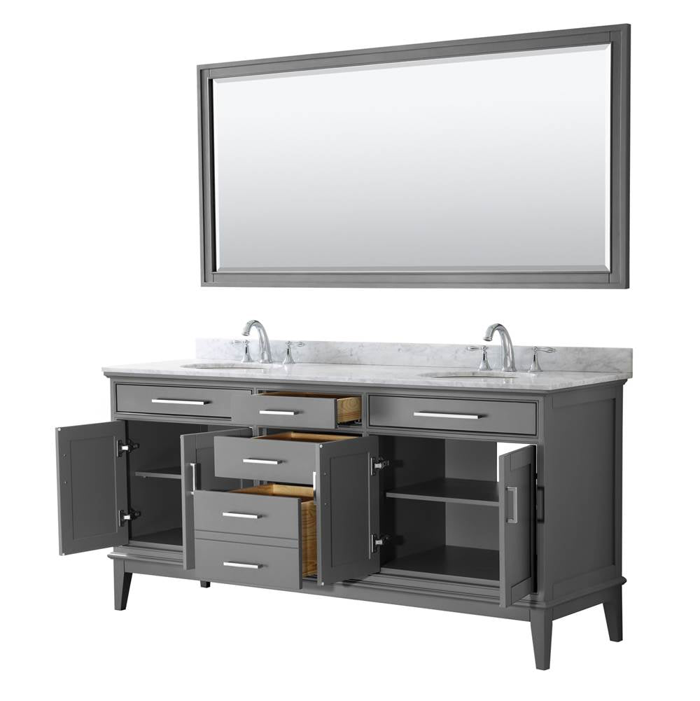 Margate 72 Inch Double Bathroom Vanity in Dark Gray, White Carrara Marble Countertop, Undermount Oval Sinks, and 70 Inch Mirror
