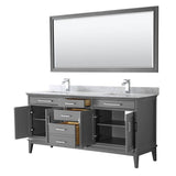 Margate 72 Inch Double Bathroom Vanity in Dark Gray, White Carrara Marble Countertop, Undermount Square Sinks, and 70 Inch Mirror