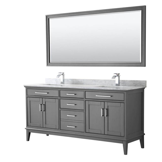 Wyndham Collection - Margate 72 Inch Double Bathroom Vanity in Dark Gray, White Carrara Marble Countertop, Undermount Square Sinks, and 70 Inch Mirror - Dark Gray