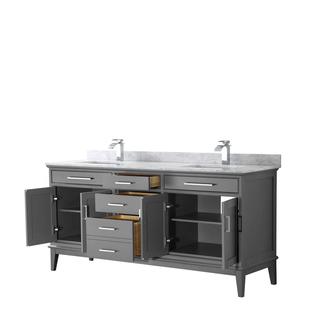Margate 72 Inch Double Bathroom Vanity in Dark Gray, White Carrara Marble Countertop, Undermount Square Sinks, and No Mirror