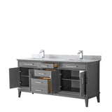 Margate 72 Inch Double Bathroom Vanity in Dark Gray, White Carrara Marble Countertop, Undermount Square Sinks, and No Mirror