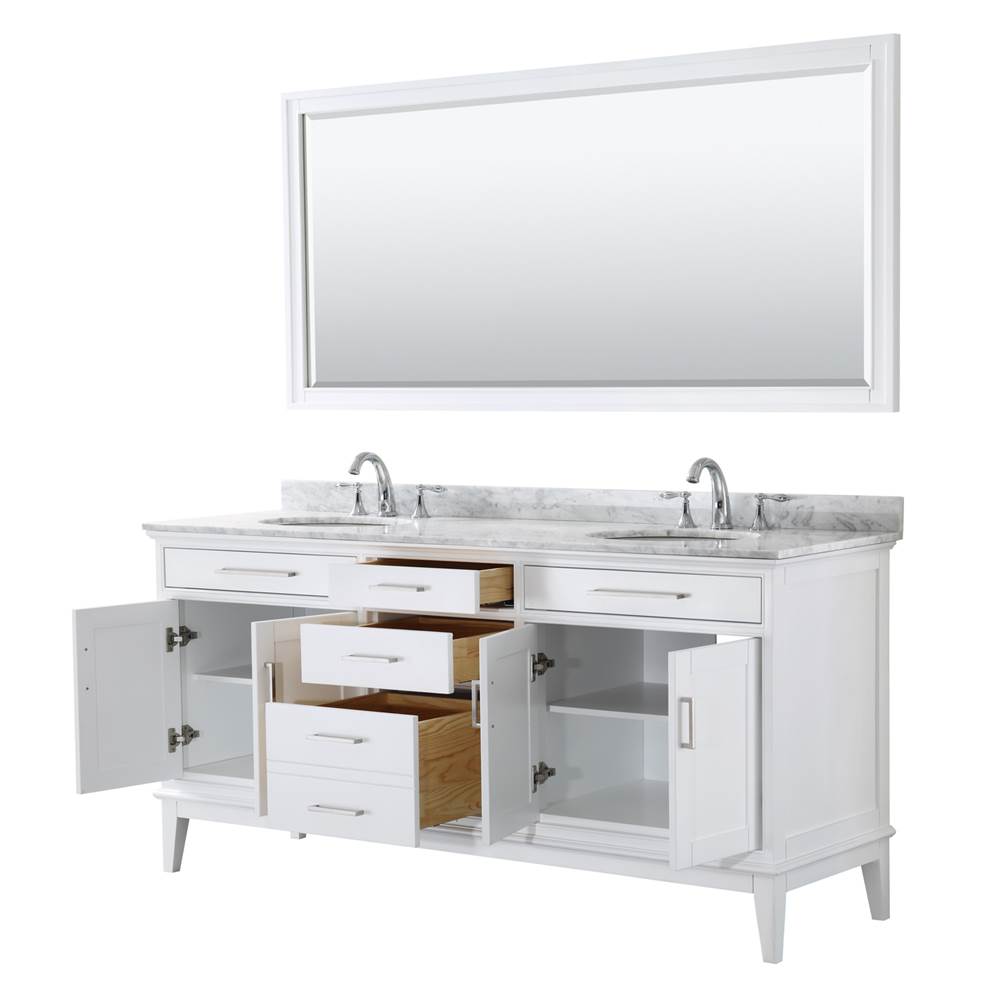 Margate 72 Inch Double Bathroom Vanity in Dark Gray, White Carrara Marble Countertop, Undermount Oval Sinks, and 70 Inch Mirror
