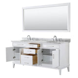 Margate 72 Inch Double Bathroom Vanity in Dark Gray, White Carrara Marble Countertop, Undermount Oval Sinks, and 70 Inch Mirror