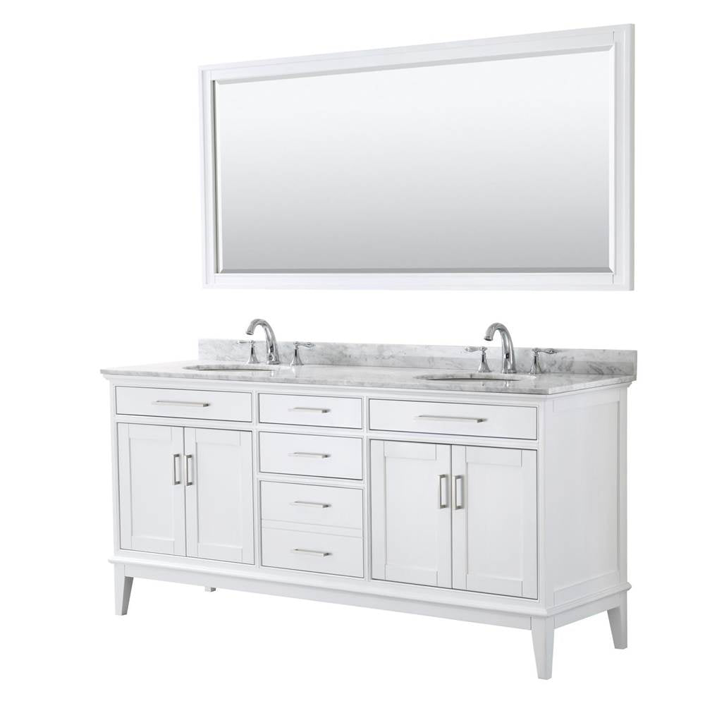 Wyndham Collection - Margate 72 Inch Double Bathroom Vanity in White, White Carrara Marble Countertop, Undermount Oval Sinks, and 70 Inch Mirror - White
