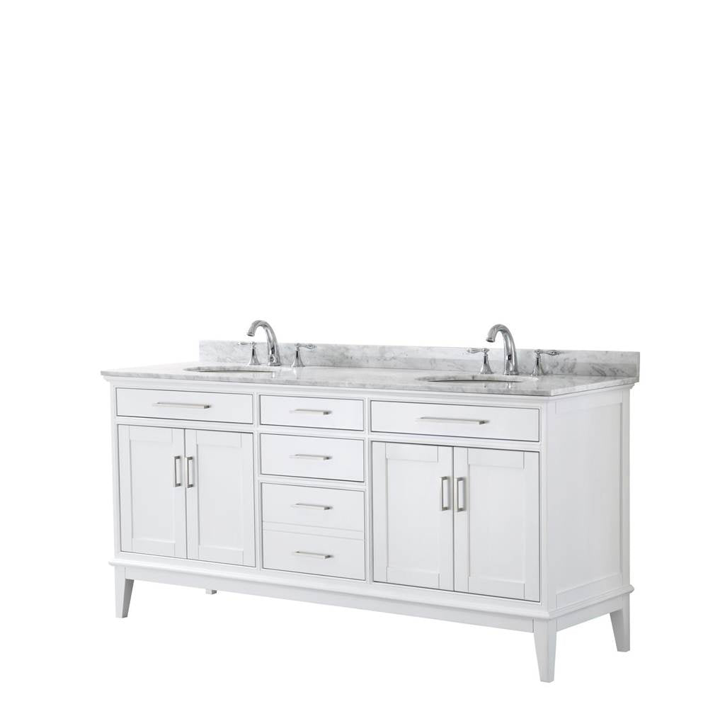 Wyndham Collection - Margate 72 Inch Double Bathroom Vanity in White, White Carrara Marble Countertop, Undermount Oval Sinks, and No Mirror - White