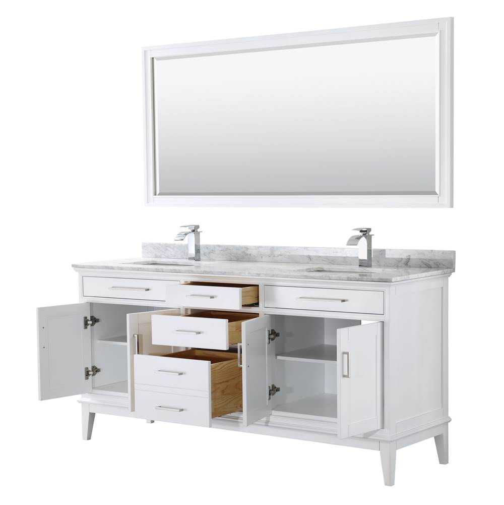 Margate 72 Inch Double Bathroom Vanity in Dark Gray, White Carrara Marble Countertop, Undermount Square Sinks, and 70 Inch Mirror