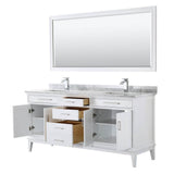 Margate 72 Inch Double Bathroom Vanity in Dark Gray, White Carrara Marble Countertop, Undermount Square Sinks, and 70 Inch Mirror