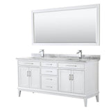 Wyndham Collection - Margate 72 Inch Double Bathroom Vanity in White, White Carrara Marble Countertop, Undermount Square Sinks, and 70 Inch Mirror - White