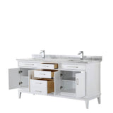 Margate 72 Inch Double Bathroom Vanity in Dark Gray, White Carrara Marble Countertop, Undermount Square Sinks, and No Mirror
