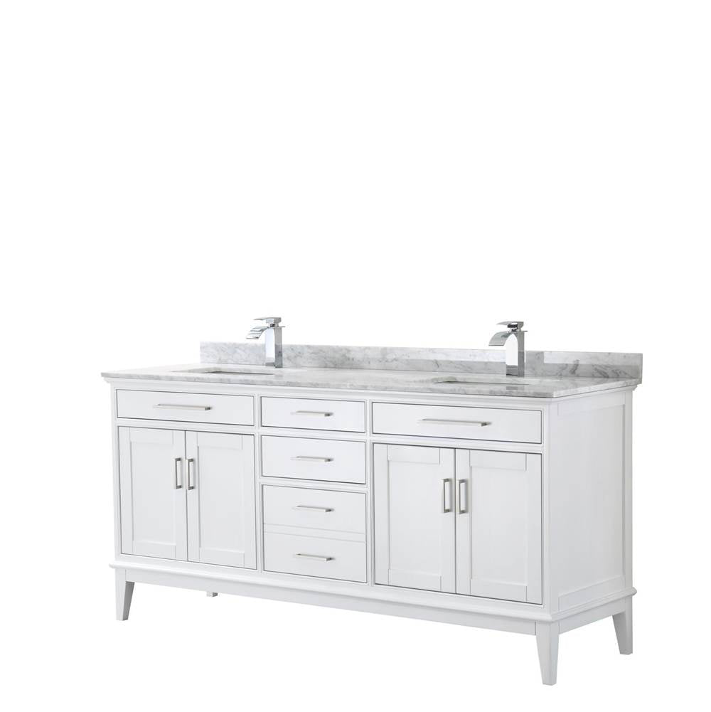 Wyndham Collection - Margate 72 Inch Double Bathroom Vanity in White, White Carrara Marble Countertop, Undermount Square Sinks, and No Mirror - White