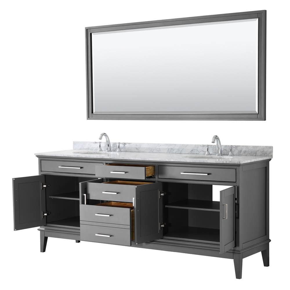 Margate 80 Inch Double Bathroom Vanity in Dark Gray, White Carrara Marble Countertop, Undermount Oval Sinks, and 70 Inch Mirror