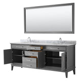 Margate 80 Inch Double Bathroom Vanity in Dark Gray, White Carrara Marble Countertop, Undermount Oval Sinks, and 70 Inch Mirror