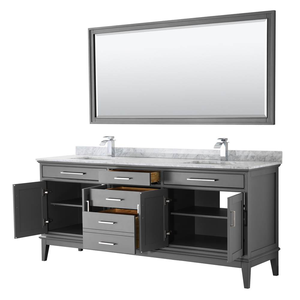 Margate 80 Inch Double Bathroom Vanity in Dark Gray, White Carrara Marble Countertop, Undermount Square Sinks, and 70 Inch Mirror
