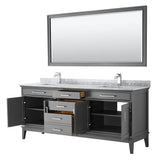 Margate 80 Inch Double Bathroom Vanity in Dark Gray, White Carrara Marble Countertop, Undermount Square Sinks, and 70 Inch Mirror