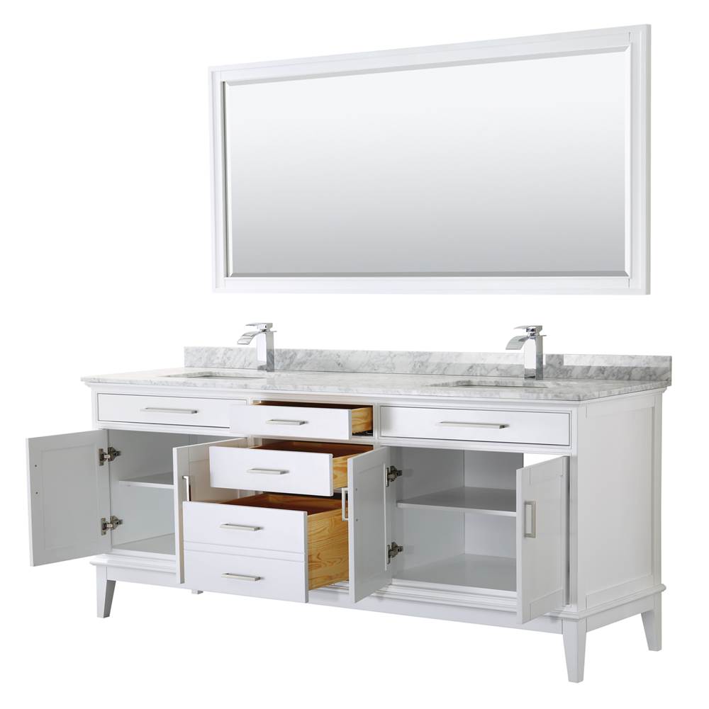 Margate 80 Inch Double Bathroom Vanity in Dark Gray, White Carrara Marble Countertop, Undermount Square Sinks, and 70 Inch Mirror
