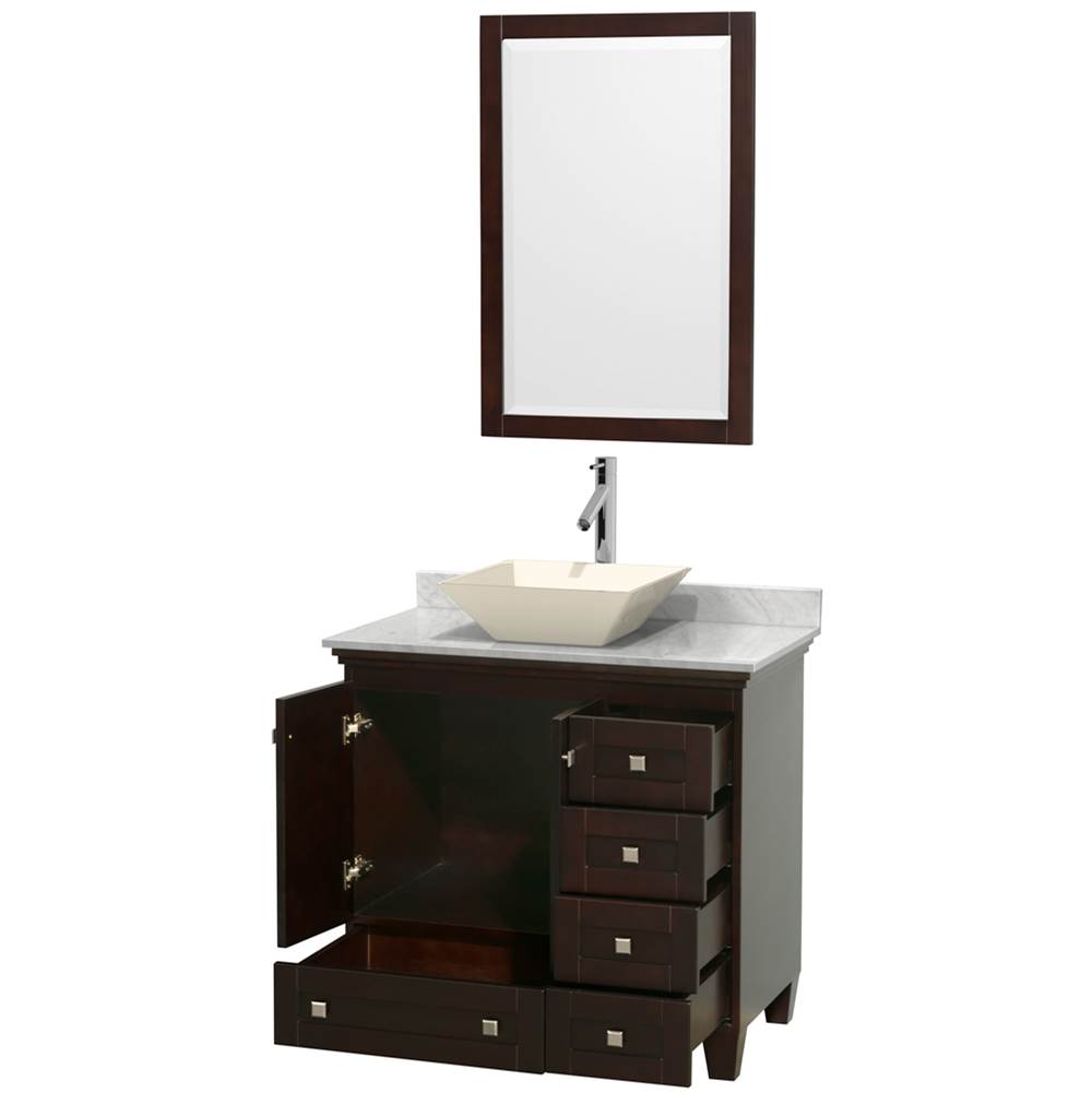 Acclaim 36 Inch Single Bathroom Vanity in Espresso, White Carrara Marble Countertop, Pyra Bone Porcelain Sink, and 24 Inch Mirror