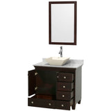 Acclaim 36 Inch Single Bathroom Vanity in Espresso, White Carrara Marble Countertop, Pyra Bone Porcelain Sink, and 24 Inch Mirror