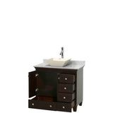 Acclaim 36 Inch Single Bathroom Vanity in Espresso, White Carrara Marble Countertop, Pyra Bone Porcelain Sink, and No Mirror