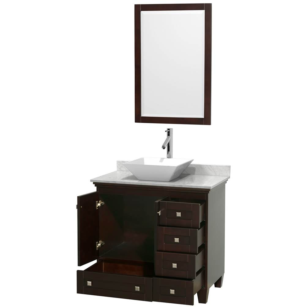 Acclaim 36 Inch Single Bathroom Vanity in Espresso, White Carrara Marble Countertop, Pyra White Porcelain Sink, and 24 Inch Mirror