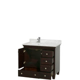 Acclaim 36 Inch Single Bathroom Vanity in Espresso, White Carrara Marble Countertop, Undermount Square Sink, and No Mirror