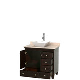 Acclaim 36 Inch Single Bathroom Vanity in Espresso, Ivory Marble Countertop, Pyra White Porcelain Sink, and No Mirror