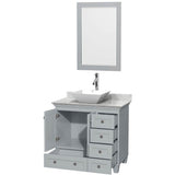 Acclaim 36 Inch Single Bathroom Vanity in Espresso, White Carrara Marble Countertop, Pyra White Porcelain Sink, and 24 Inch Mirror