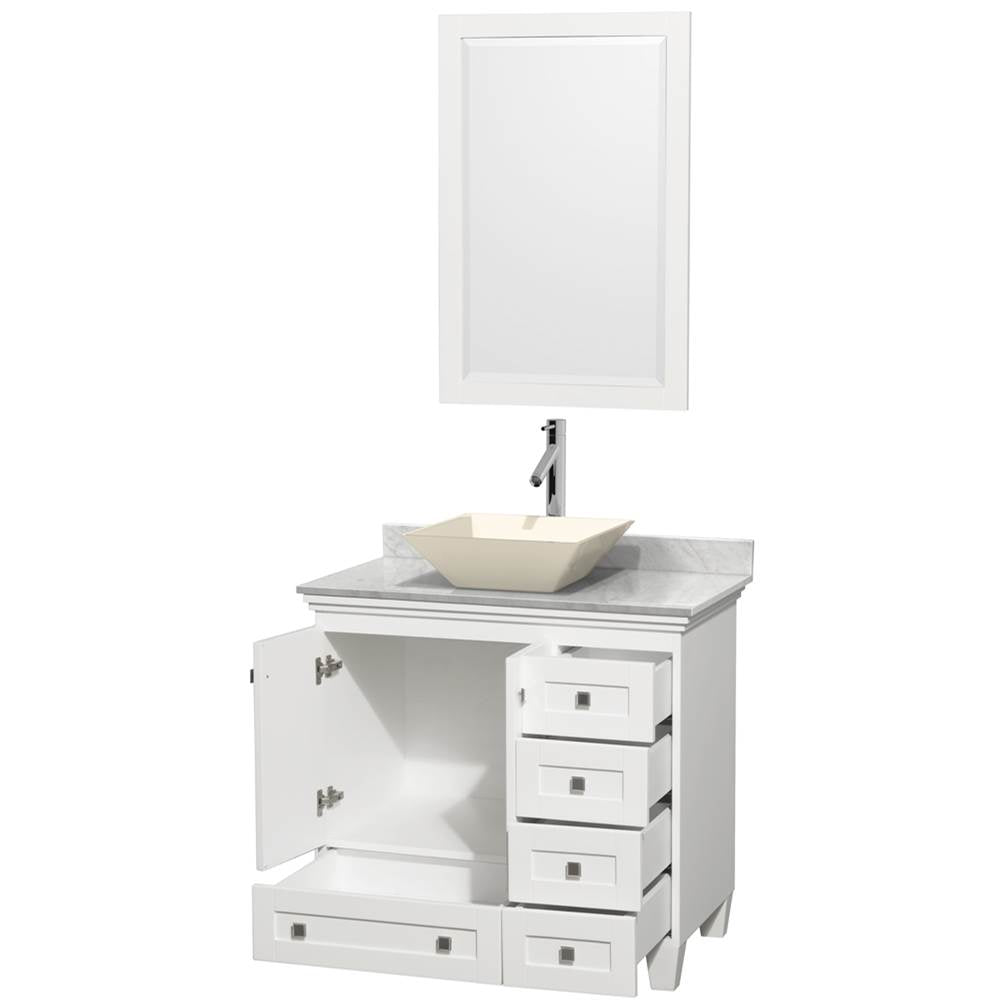 Acclaim 36 Inch Single Bathroom Vanity in Espresso, White Carrara Marble Countertop, Pyra Bone Porcelain Sink, and 24 Inch Mirror