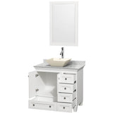 Acclaim 36 Inch Single Bathroom Vanity in Espresso, White Carrara Marble Countertop, Pyra Bone Porcelain Sink, and 24 Inch Mirror