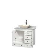 Acclaim 36 Inch Single Bathroom Vanity in Espresso, White Carrara Marble Countertop, Pyra Bone Porcelain Sink, and No Mirror