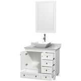 Acclaim 36 Inch Single Bathroom Vanity in Espresso, White Carrara Marble Countertop, Pyra White Porcelain Sink, and 24 Inch Mirror