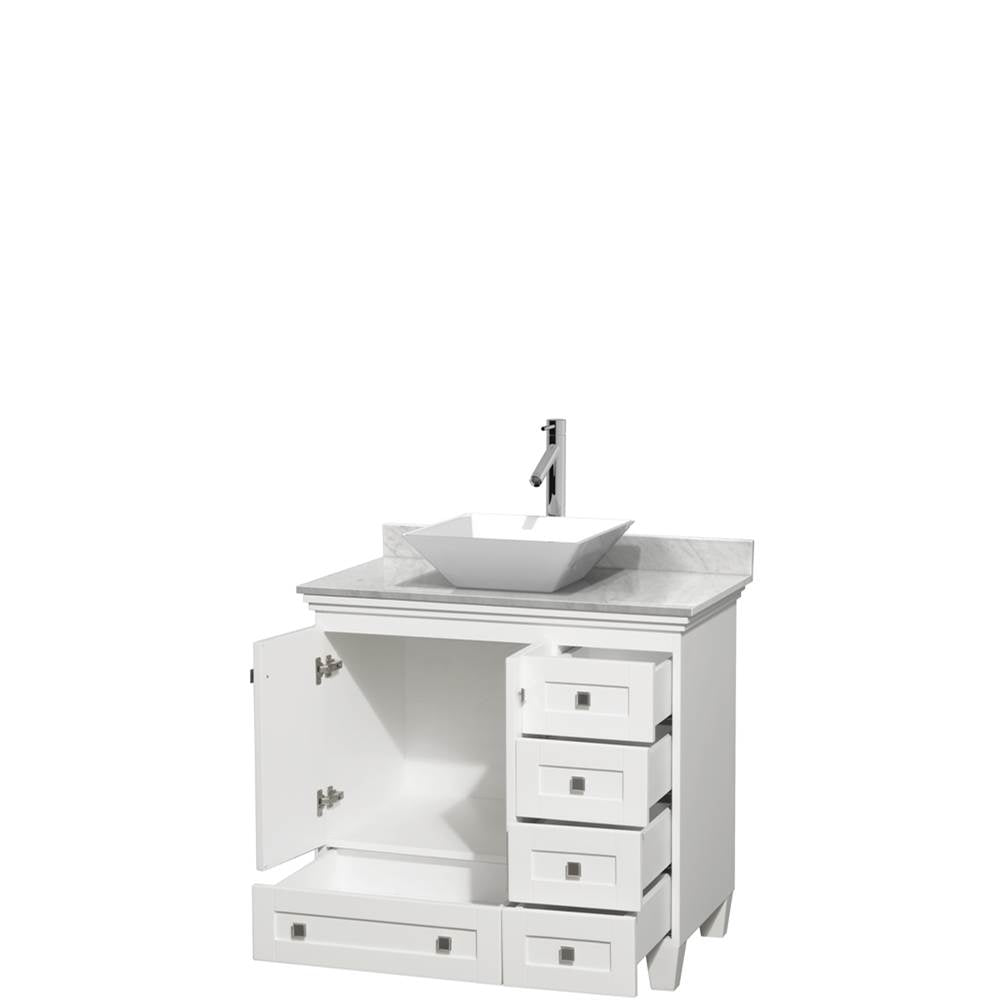 Acclaim 36 Inch Single Bathroom Vanity in Espresso, White Carrara Marble Countertop, Pyra White Porcelain Sink, and No Mirror