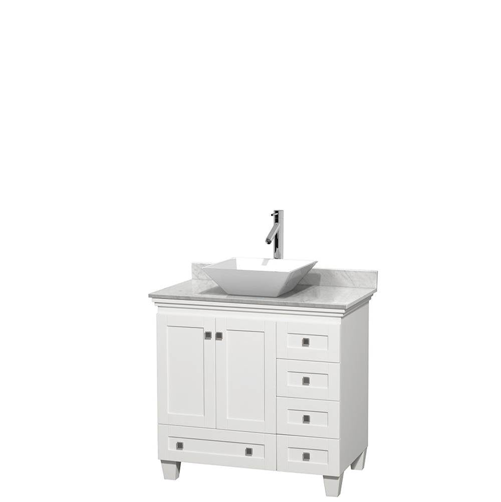 Wyndham Collection - Acclaim 36 Inch Single Bathroom Vanity in White, White Carrara Marble Countertop, Pyra White Porcelain Sink, and No Mirror - White