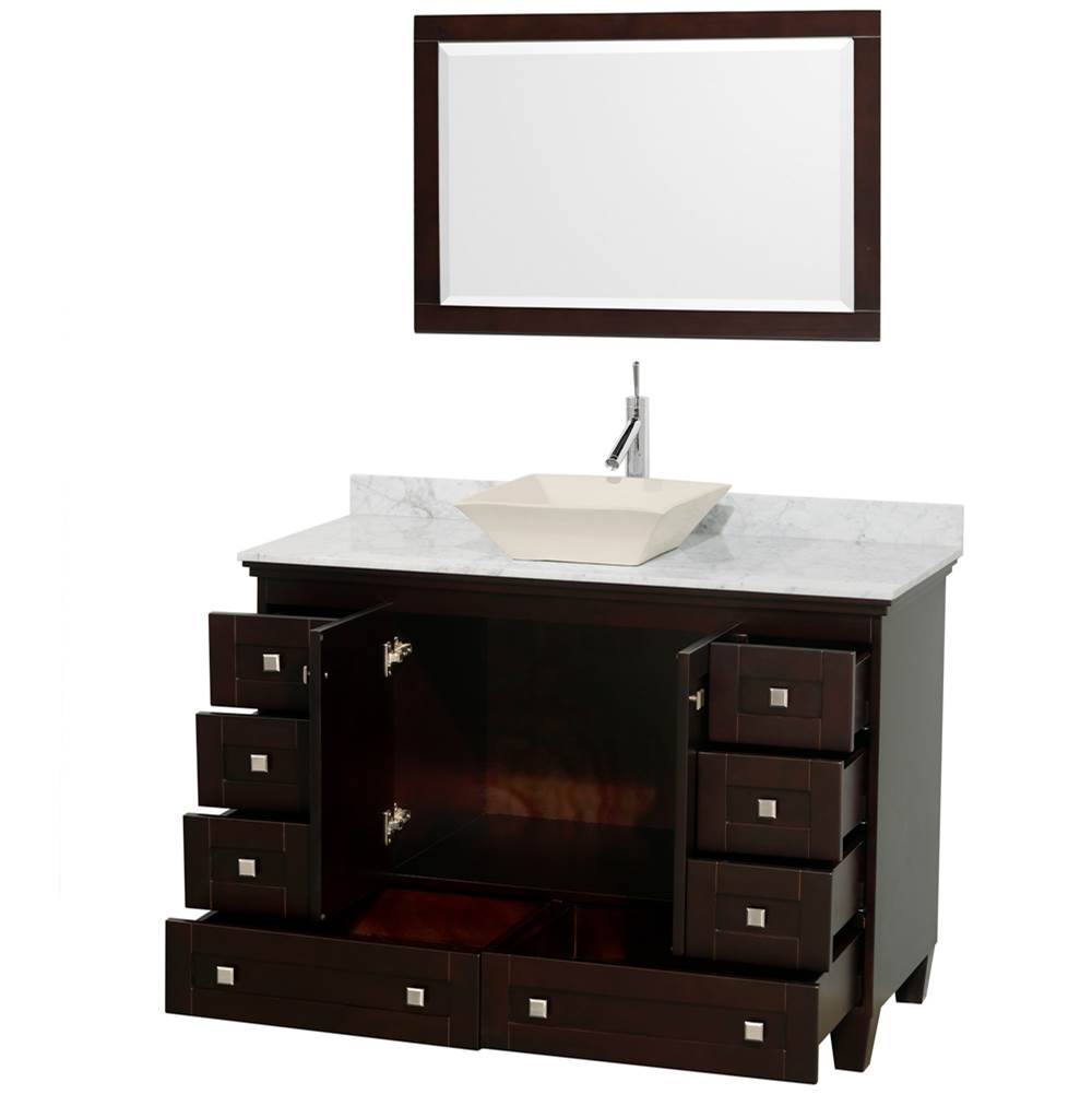 Acclaim 48 Inch Single Bathroom Vanity in Espresso, White Carrara Marble Countertop, Pyra Bone Sink, and 24 Inch Mirror