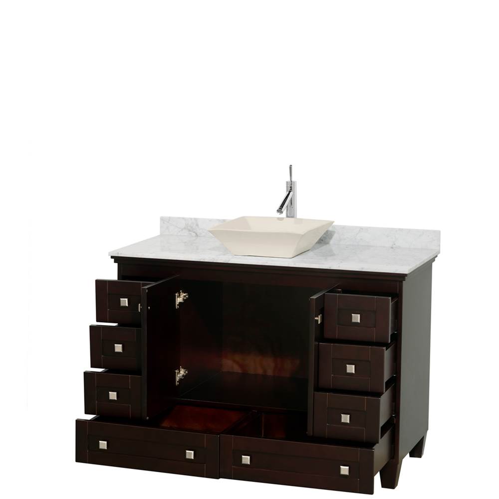 Acclaim 48 Inch Single Bathroom Vanity in Espresso, White Carrara Marble Countertop, Pyra Bone Sink, and No Mirror