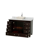 Acclaim 48 Inch Single Bathroom Vanity in Espresso, White Carrara Marble Countertop, Pyra Bone Sink, and No Mirror