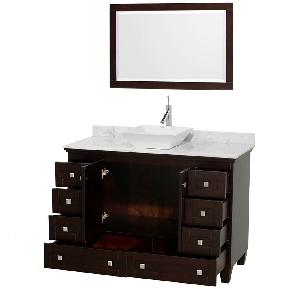 Acclaim 48 Inch Single Bathroom Vanity in Espresso, White Carrara Marble Countertop, Pyra White Sink, and 24 Inch Mirror