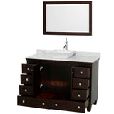 Acclaim 48 Inch Single Bathroom Vanity in Espresso, White Carrara Marble Countertop, Pyra White Sink, and 24 Inch Mirror