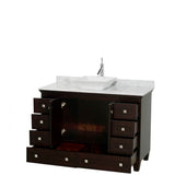 Acclaim 48 Inch Single Bathroom Vanity in Espresso, White Carrara Marble Countertop, Pyra White Sink, and No Mirror