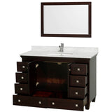 Acclaim 48 Inch Single Bathroom Vanity in Espresso, White Carrara Marble Countertop, Undermount Square Sink, and 24 Inch Mirror