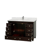 Acclaim 48 Inch Single Bathroom Vanity in Espresso, White Carrara Marble Countertop, Undermount Square Sink, and No Mirror