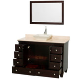 Acclaim 48 Inch Single Bathroom Vanity in Espresso, Ivory Marble Countertop, Pyra Bone Sink, and 24 Inch Mirror
