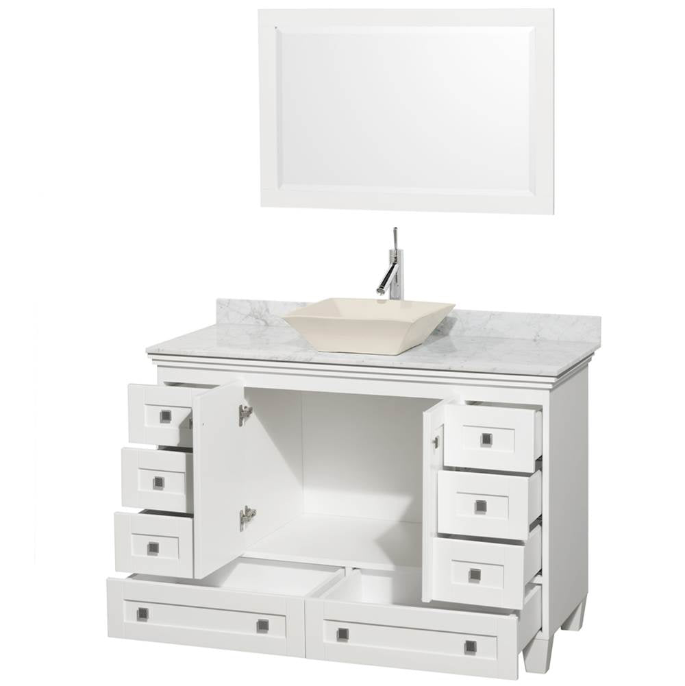Acclaim 48 Inch Single Bathroom Vanity in Espresso, White Carrara Marble Countertop, Pyra Bone Sink, and 24 Inch Mirror