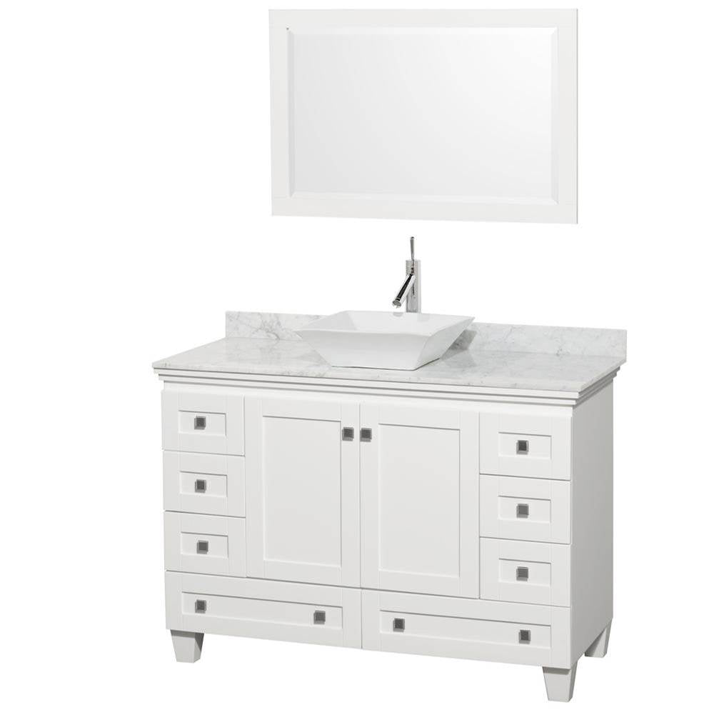 Wyndham Collection - Acclaim 48 Inch Single Bathroom Vanity in White, White Carrara Marble Countertop, Pyra White Sink, and 24 Inch Mirror - White