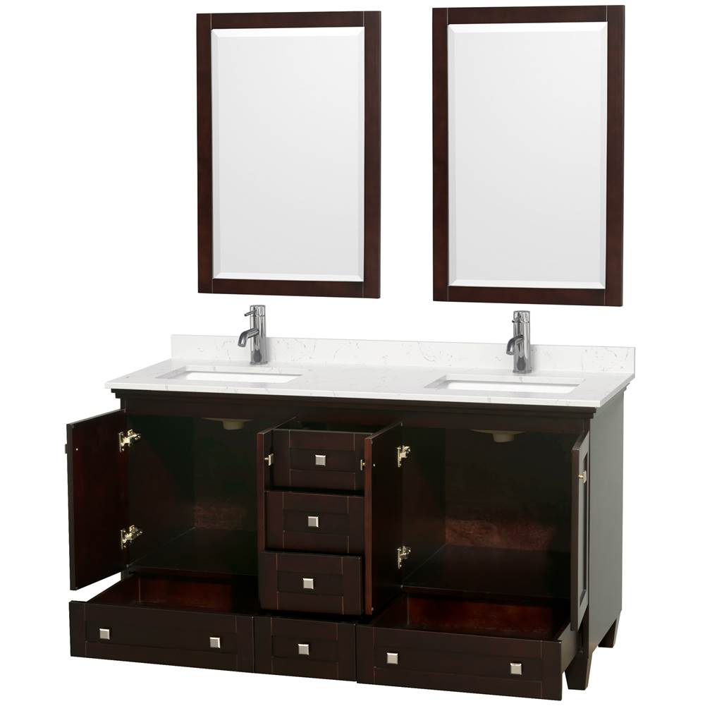 Acclaim 60 Inch Double Bathroom Vanity in Espresso, Light-Vein Carrara Cultured Marble Countertop, Undermount Square Sinks, 24 Inch Mirrors