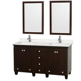 Wyndham Collection - Acclaim 60 Inch Double Bathroom Vanity in Espresso, Light-Vein Carrara Cultured Marble Countertop, Undermount Square Sinks, 24 Inch Mirrors