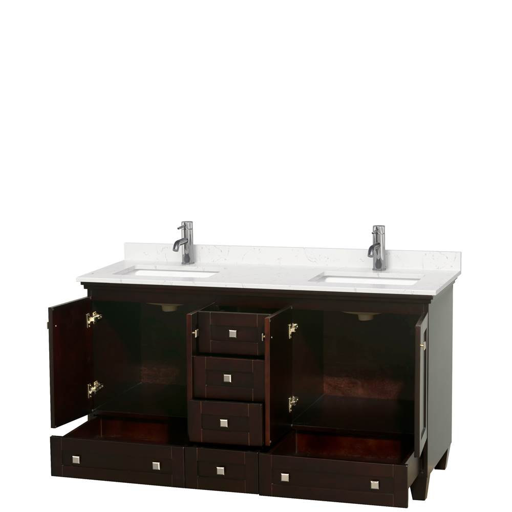 Acclaim 60 Inch Double Bathroom Vanity in Espresso, Light-Vein Carrara Cultured Marble Countertop, Undermount Square Sinks, No Mirrors